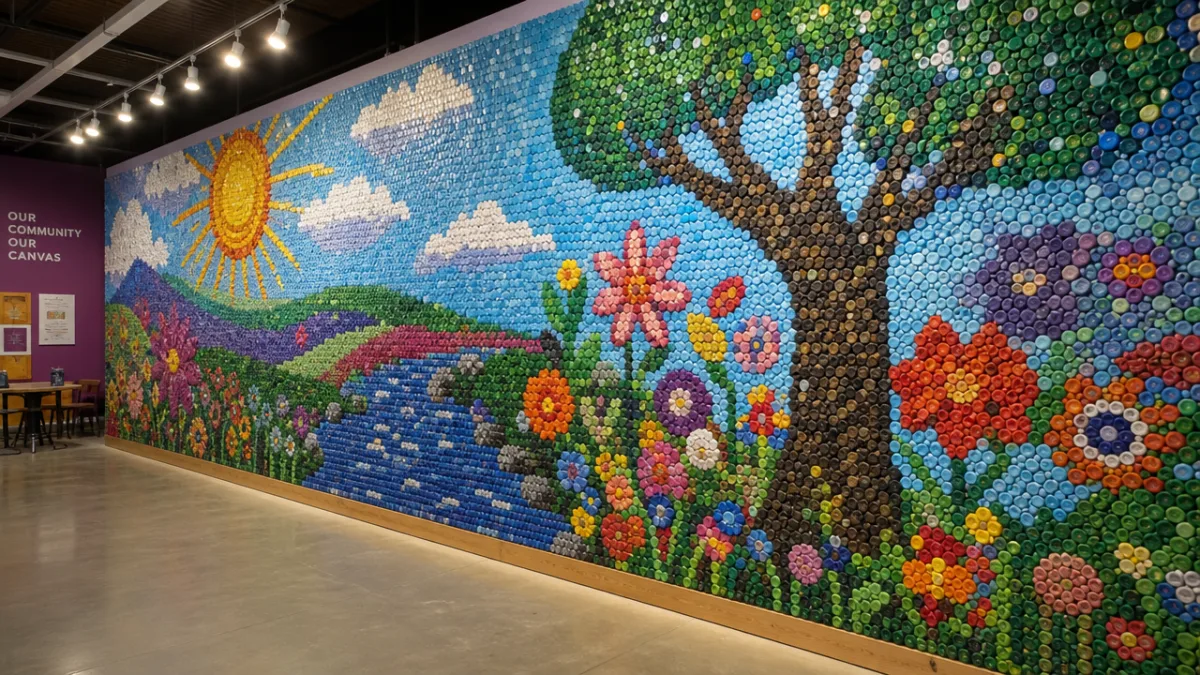 large-scale colorful bottle cap wall mural in a community art space, wide…