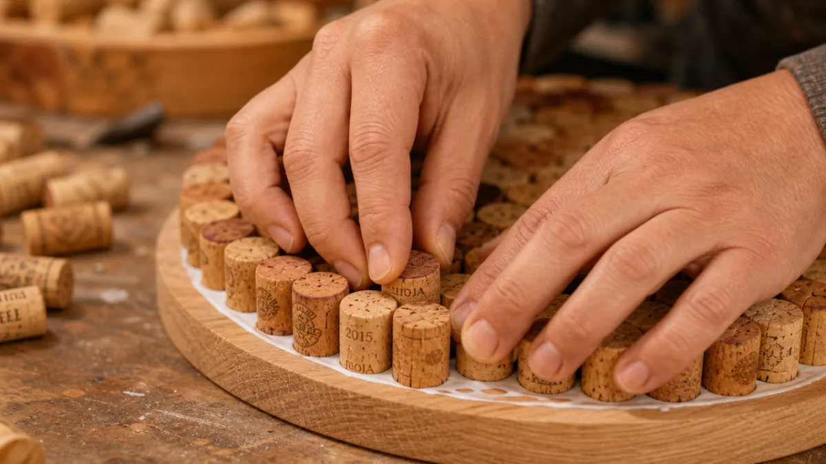 close-up of hands pressing wine corks onto a circular wooden board with…