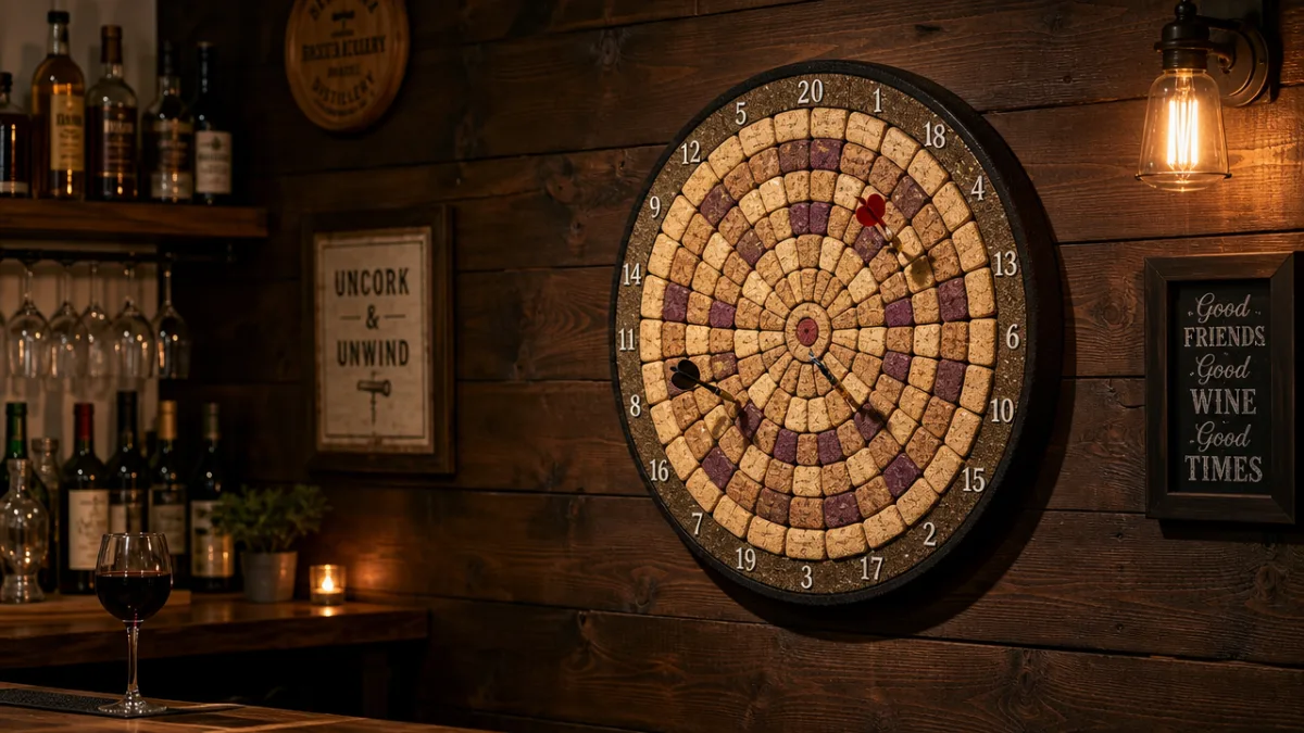 a finished wine cork dartboard mounted on a dark wood-paneled wall in…