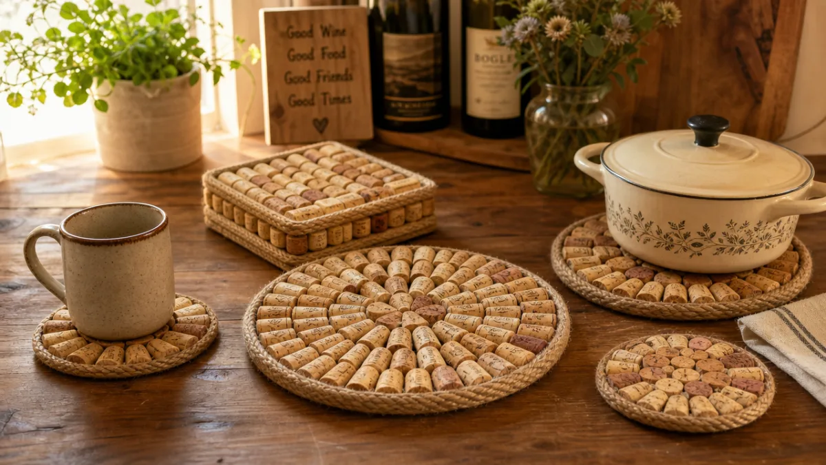 a warm rustic kitchen with handmade wine cork trivets and coasters arranged…