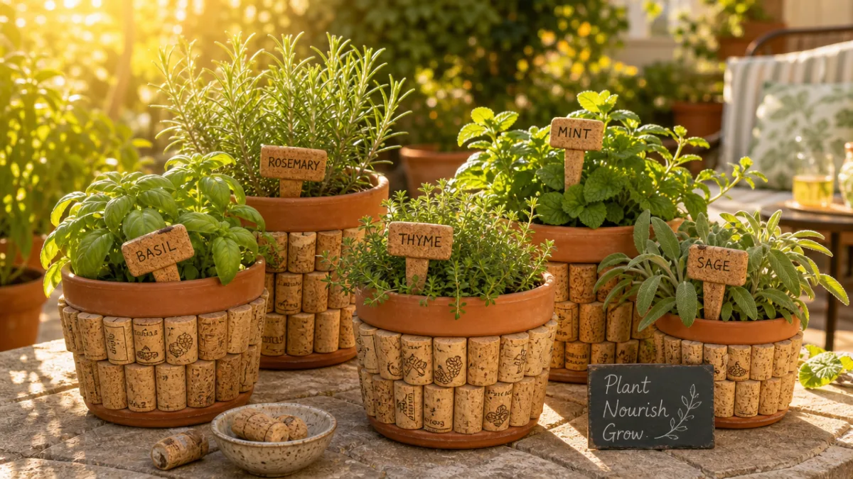 a sunlit garden patio with cork-wrapped terracotta planters and handmade cork plant…