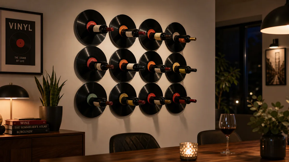 a modern dining room wall displaying a finished vinyl record wine rack…