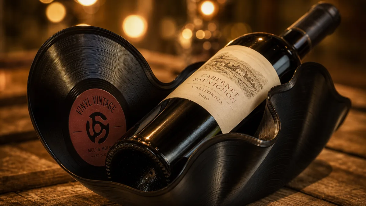 a close-up of a shaped vinyl record cradling a wine bottle, warm…