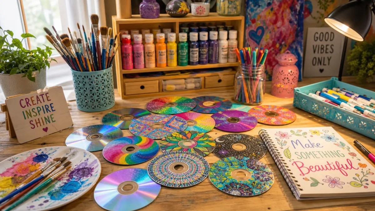 a well-lit craft table covered with colorful CDs, paint brushes, and art…