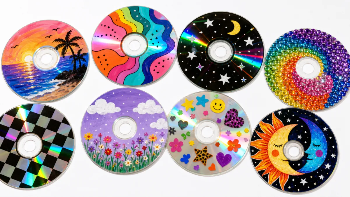 a group of colorful CD art projects arranged on a bright white…