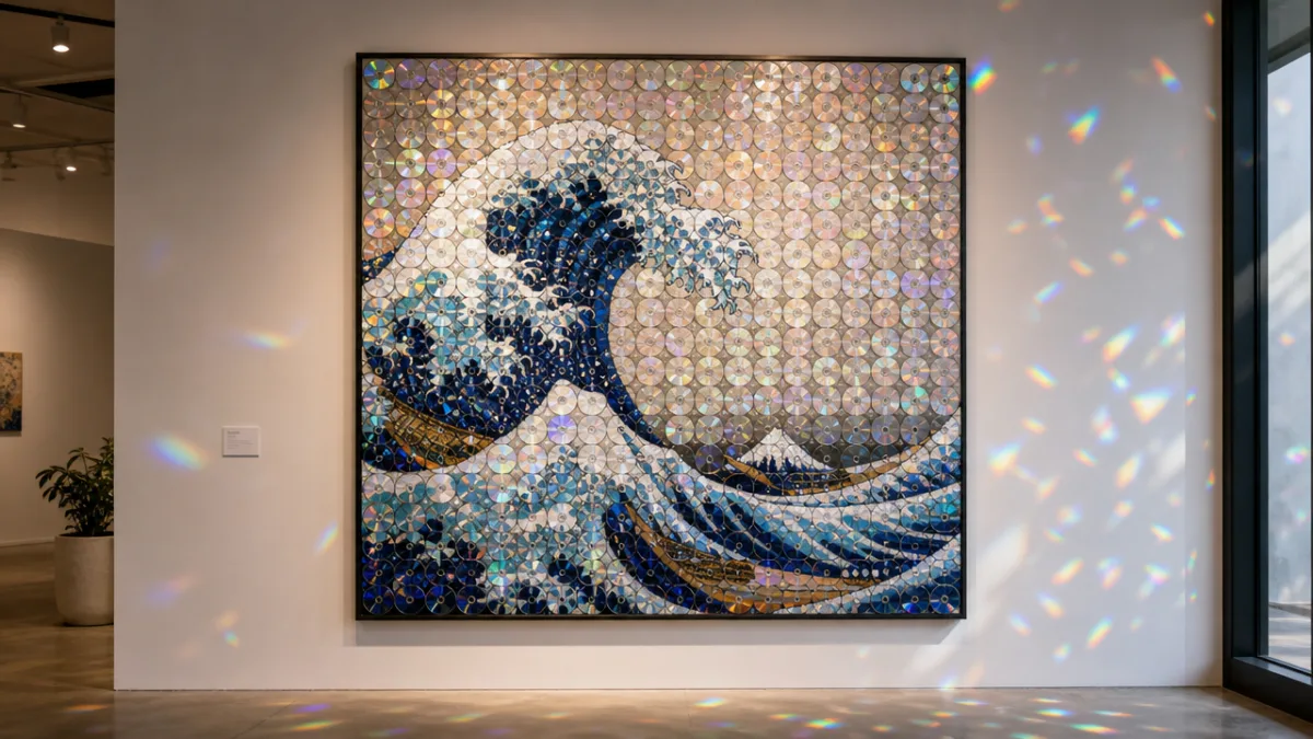 finished CD mosaic artwork hanging on a white wall, soft gallery lighting…