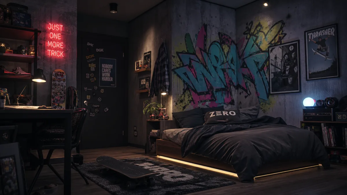 a teenager's bedroom with urban skate-inspired decor, concrete gray walls with colorful…
