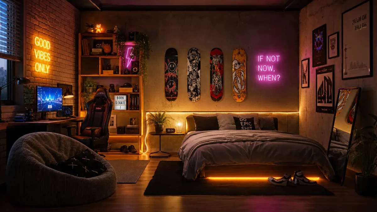 a teenager's room with colorful LED neon lighting, skateboard wall art, warm…