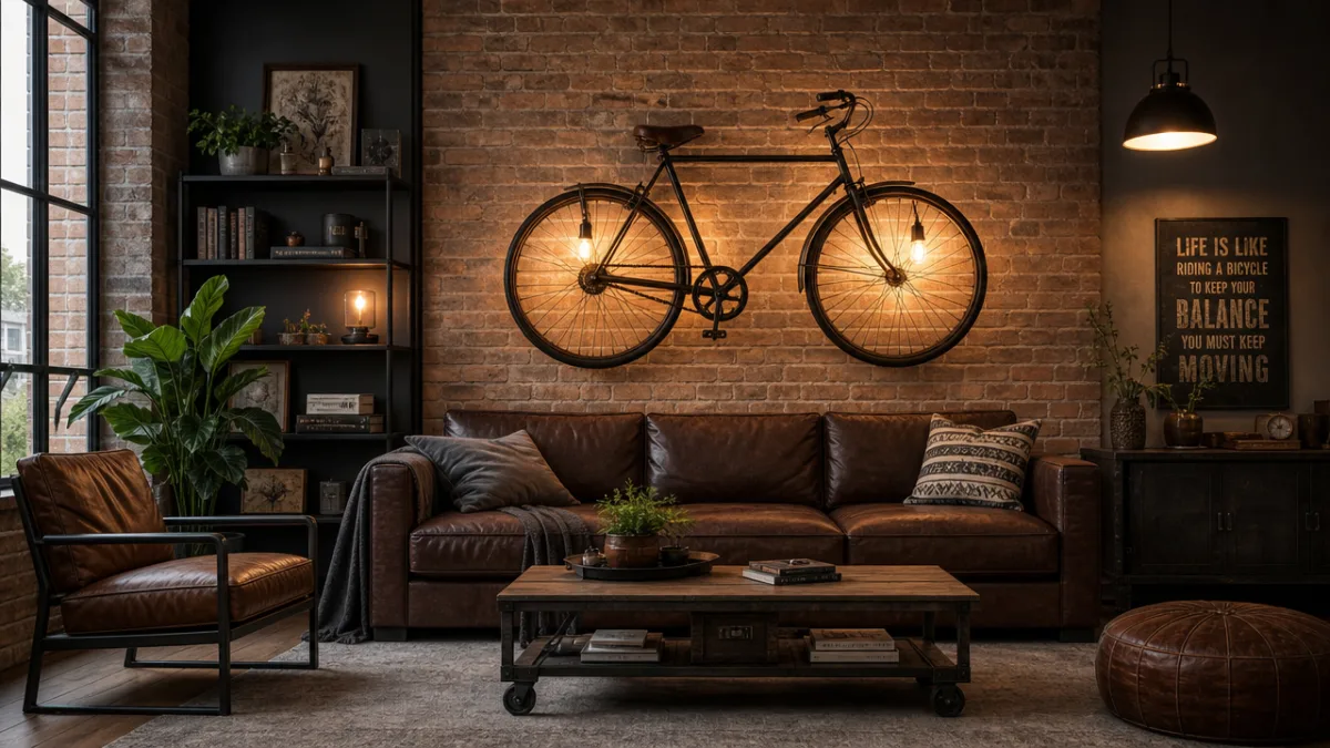 a stylish industrial living room interior featuring a bicycle wall lamp as…