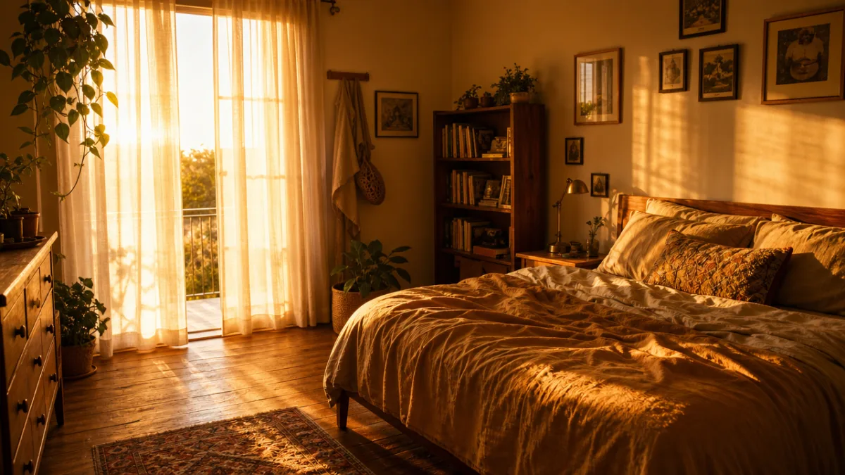 a warm sunlit bedroom with amber light streaming through sheer curtains onto…