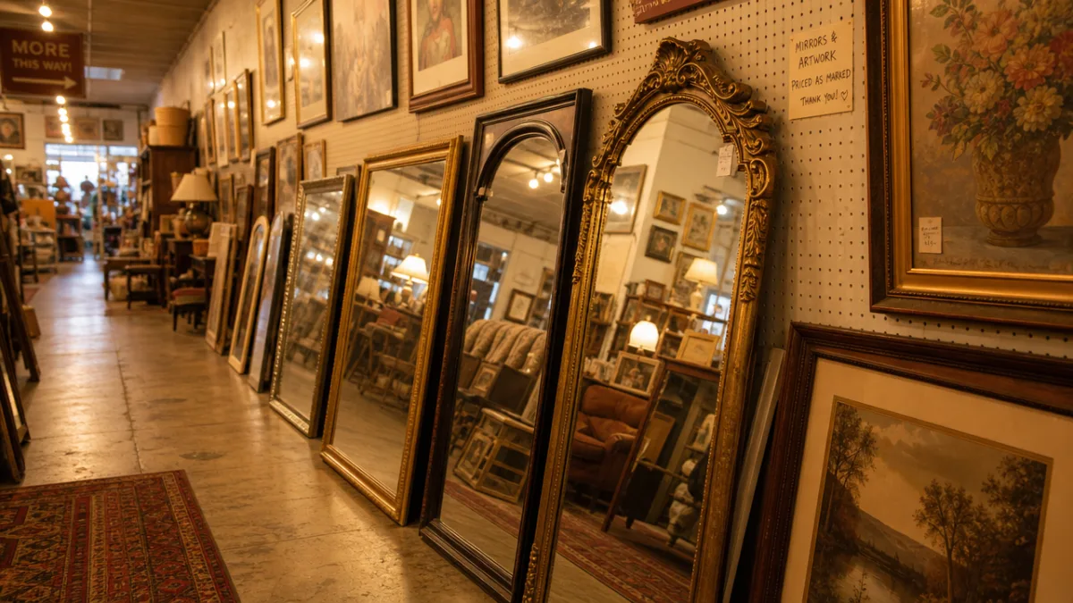 a warm, golden-lit thrift store aisle filled with large framed mirrors and…