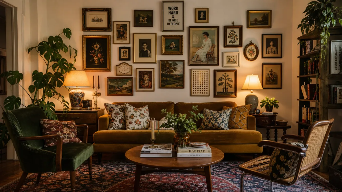 a beautifully curated eclectic living room featuring thrifted framed art arranged as…
