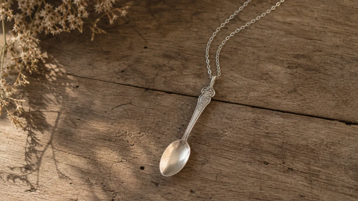 a flatlay of a stainless steel spoon necklace on a rustic wooden…