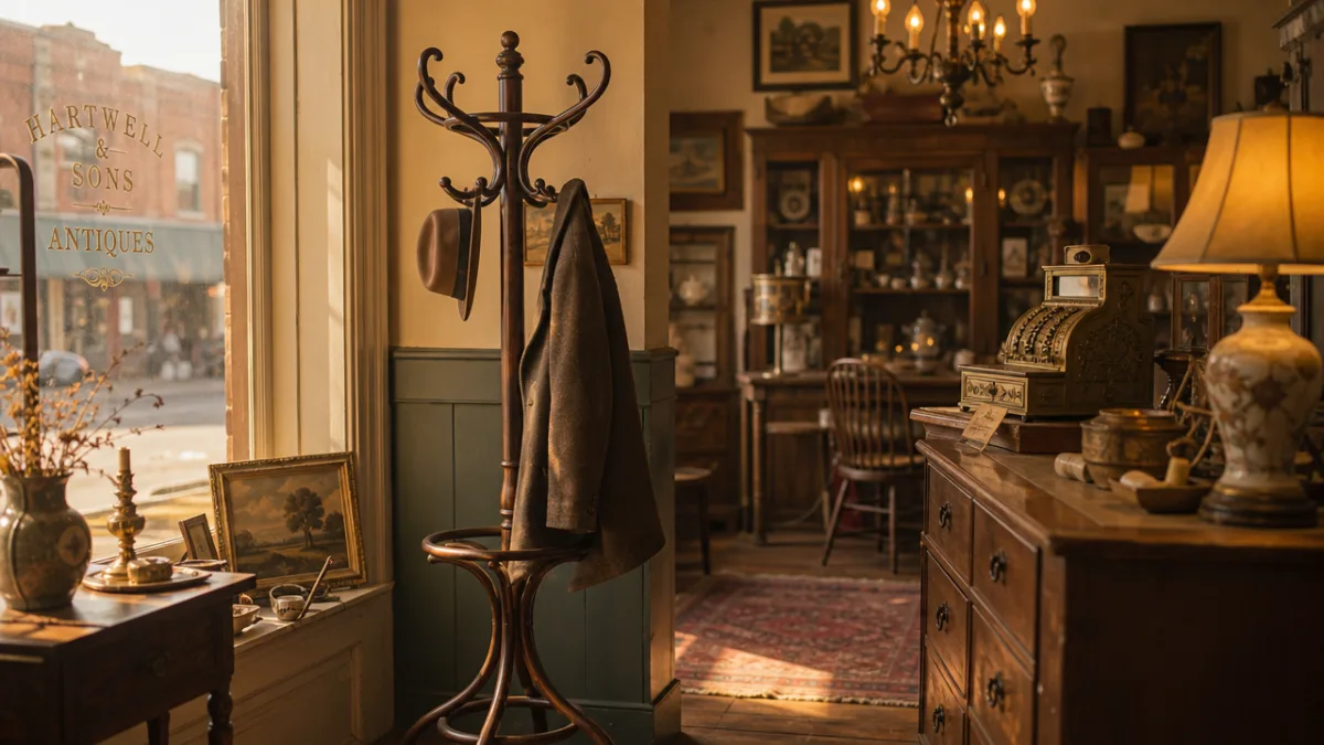 a warm-toned antique shop interior with a vintage bentwood coat tree displayed…