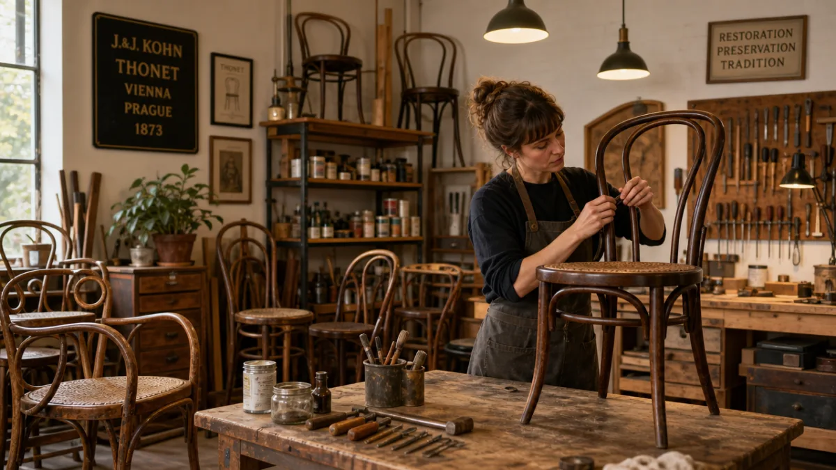 a well-lit restoration workshop with vintage bentwood furniture being carefully repaired, warm…