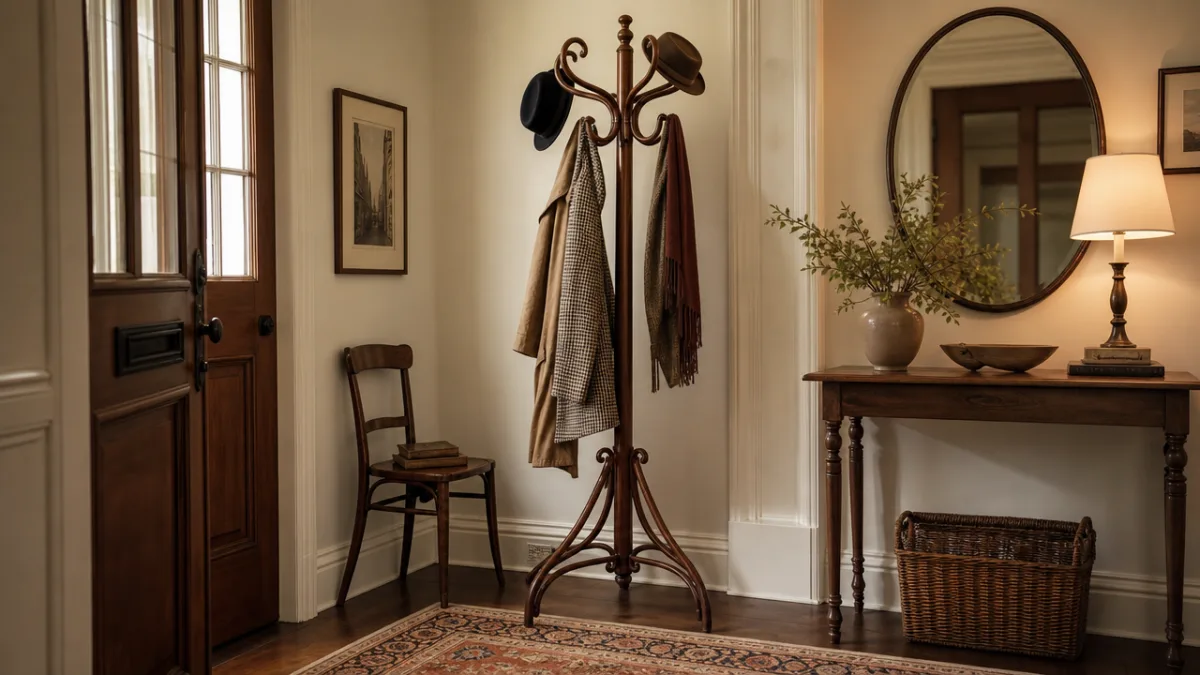 a beautifully styled entryway with a restored bentwood coat tree hung with…