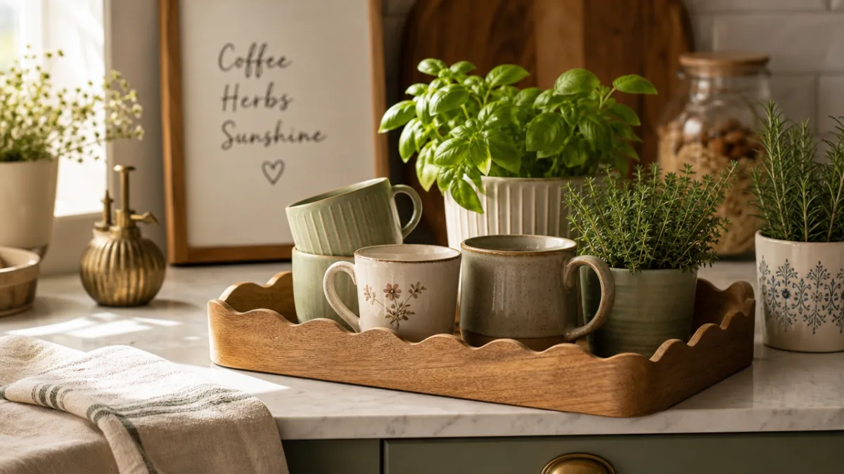 a styled kitchen counter with a scalloped wooden tray holding ceramic mugs,…