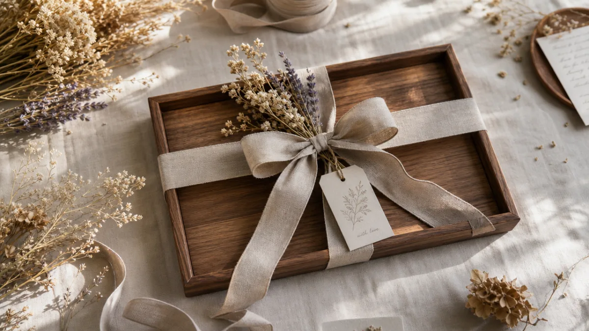a beautifully wrapped wooden tray as a gift on a linen tablecloth,…