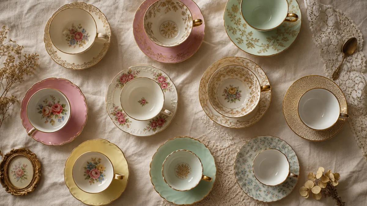a flat lay of assorted vintage teacups in pastel and gold tones…