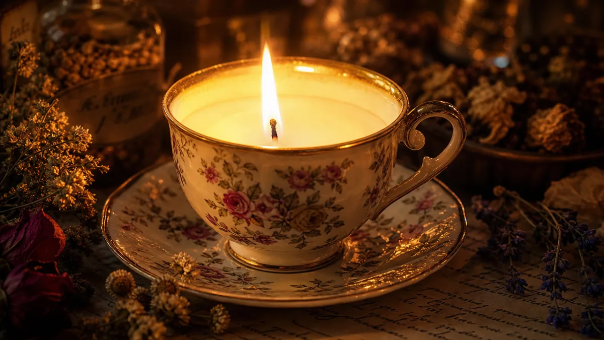 close-up of a glowing vintage teacup candle surrounded by dried botanicals and…