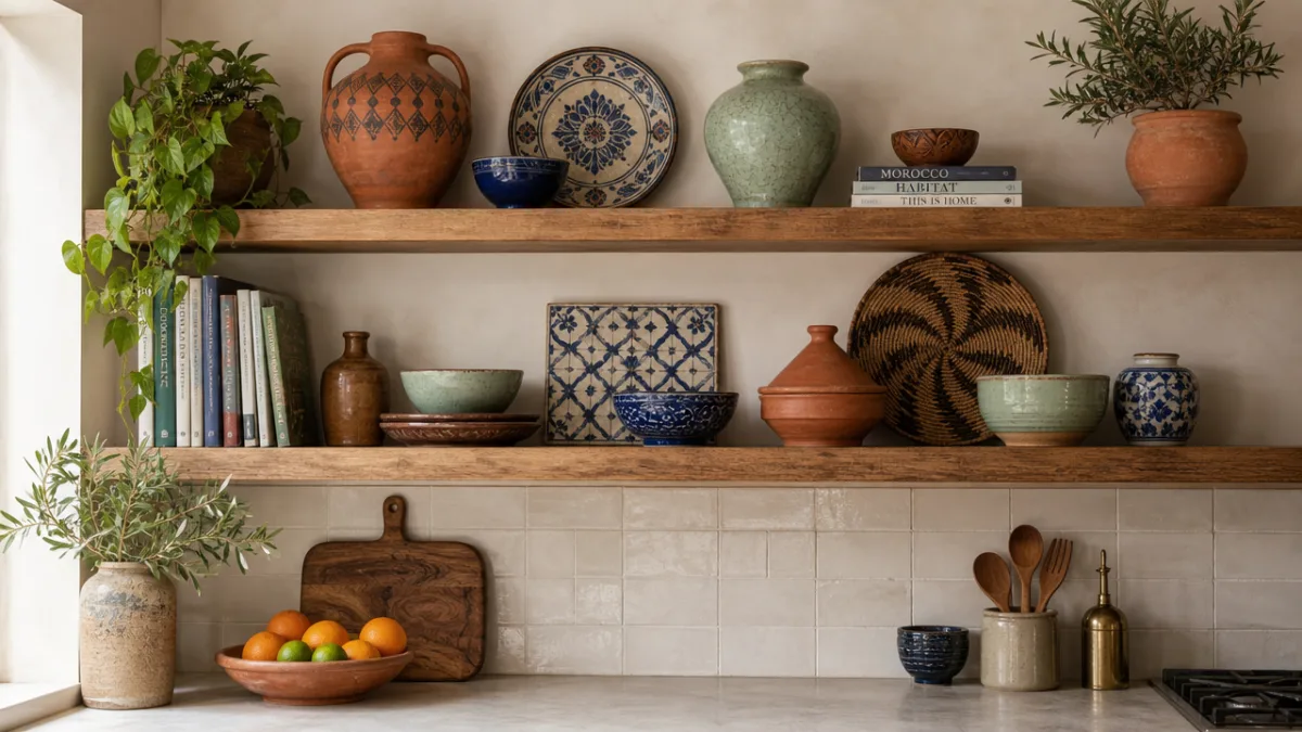 a styled open kitchen shelf with global ceramics in warm terracotta, cobalt…