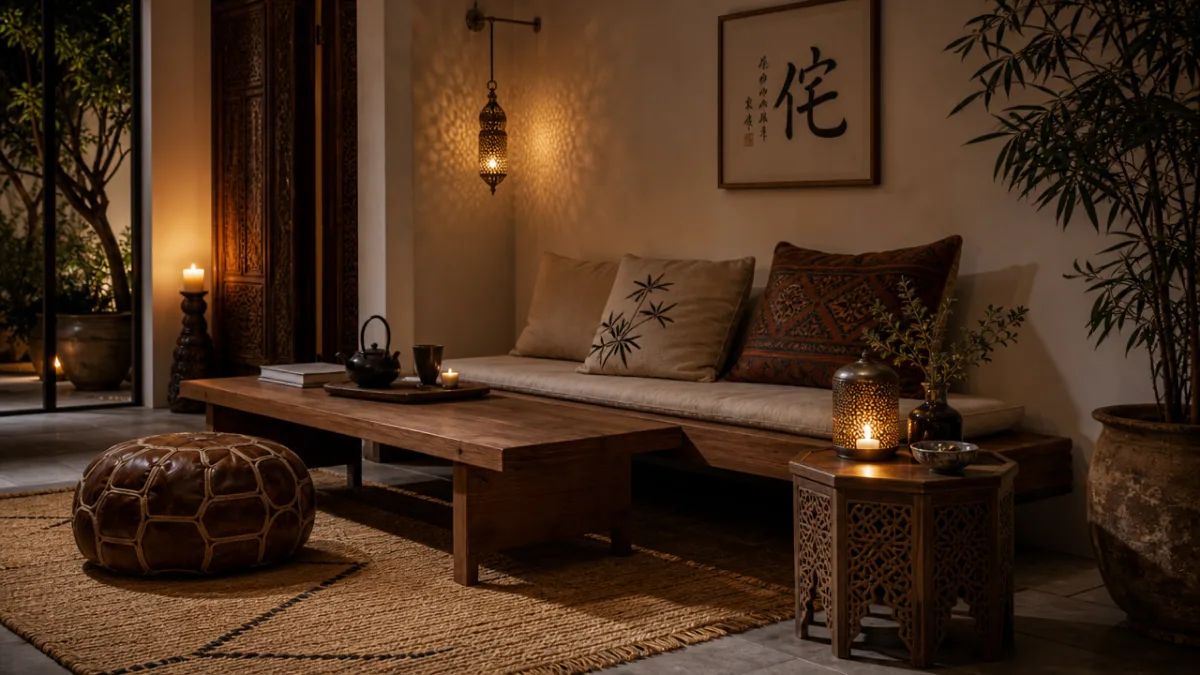 a serene living room combining a Japanese low wooden bench with Moroccan…