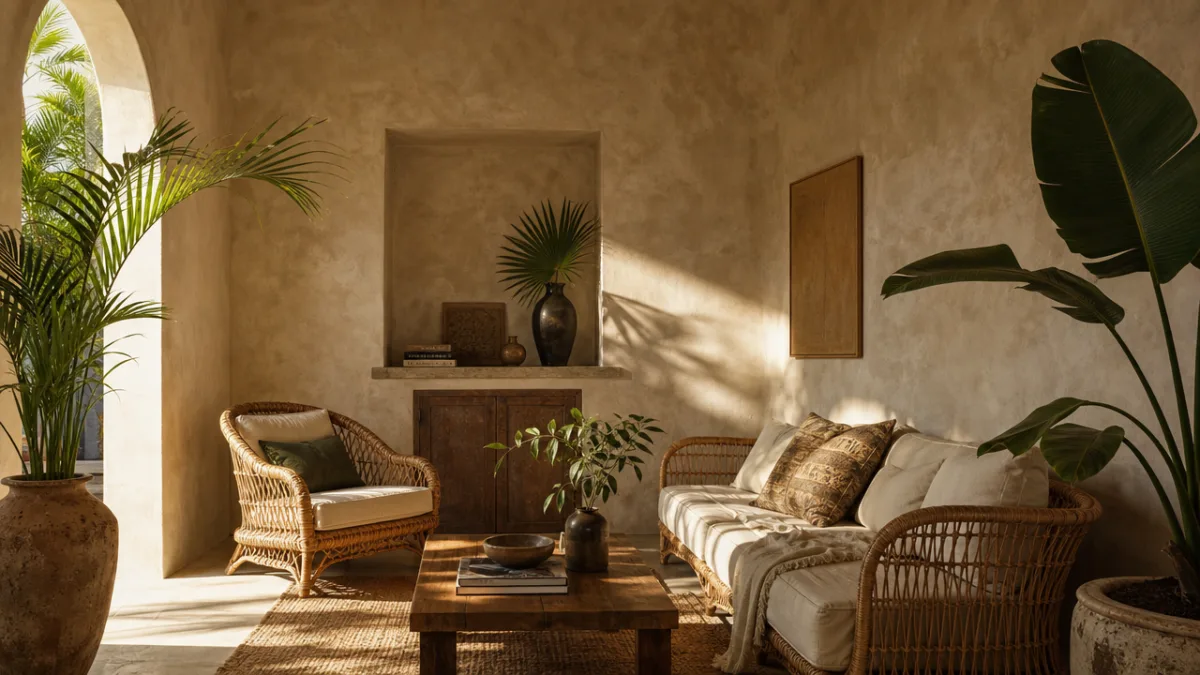 a textured interior featuring tadelakt plaster walls, rattan furniture, and potted tropical…