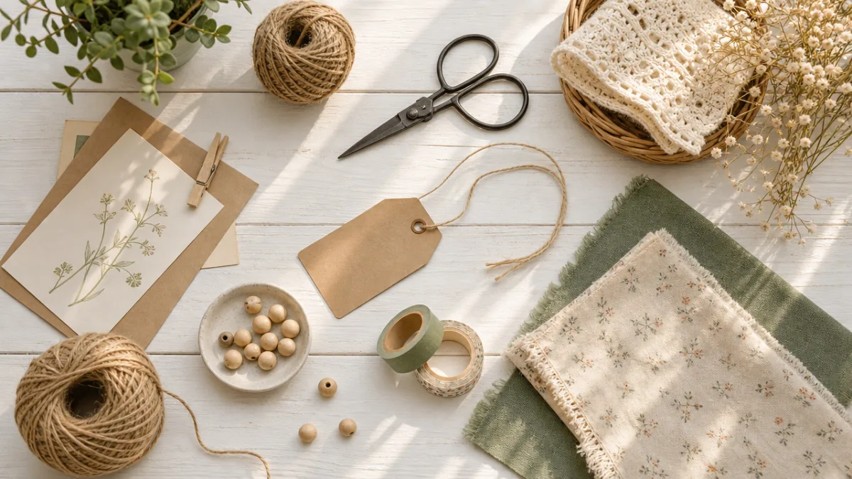 a flat lay of DIY craft supplies on a white wooden table,…