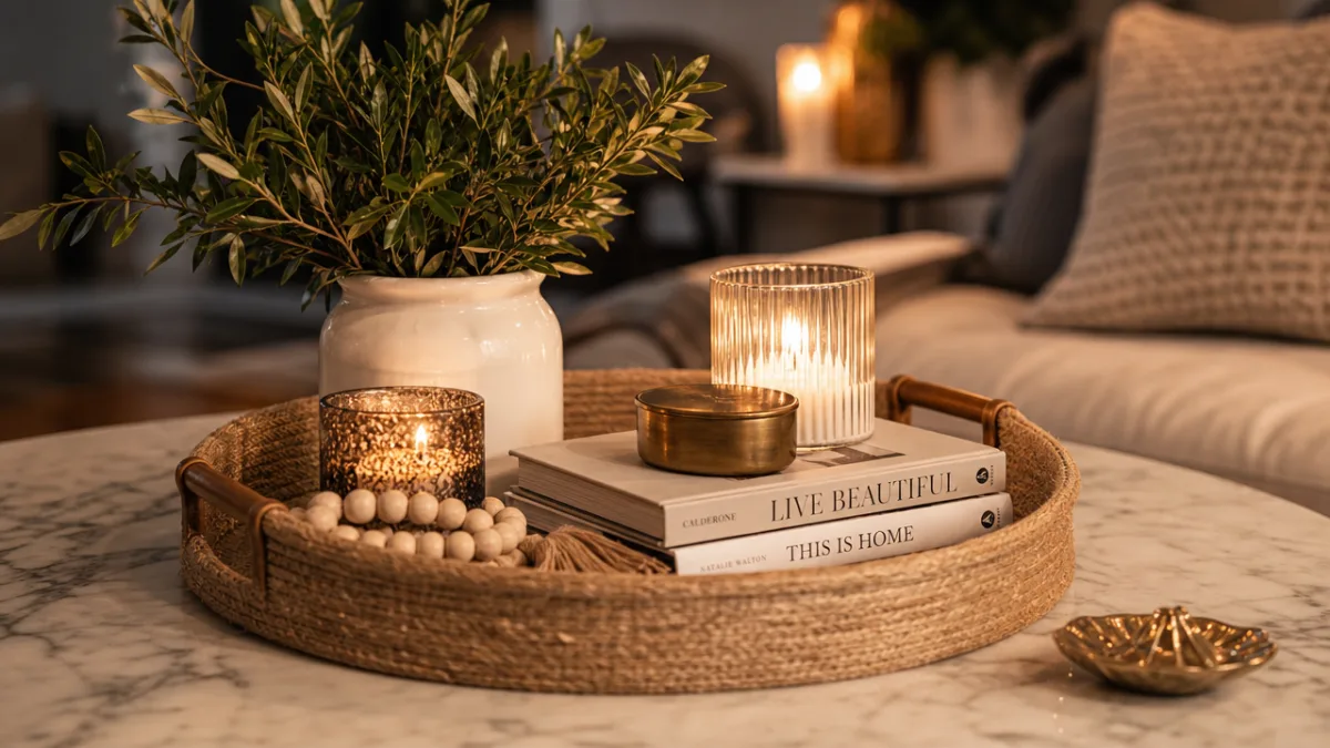 a beautifully styled DIY tray on a marble coffee table, soft candlelight…