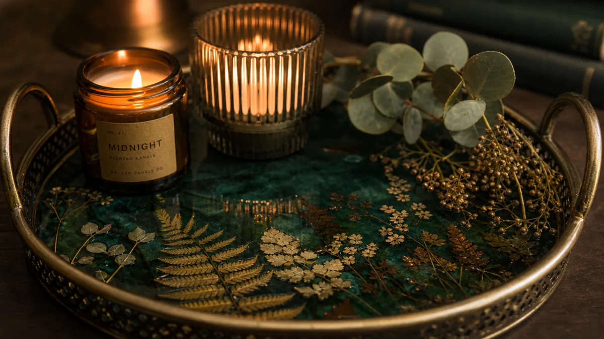a close-up of a finished decorative tray styled with candles and botanicals,…