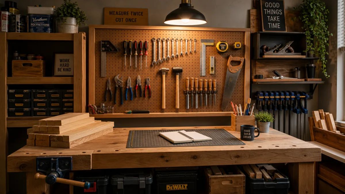 a neatly organized DIY workspace with tools and wood materials on a…