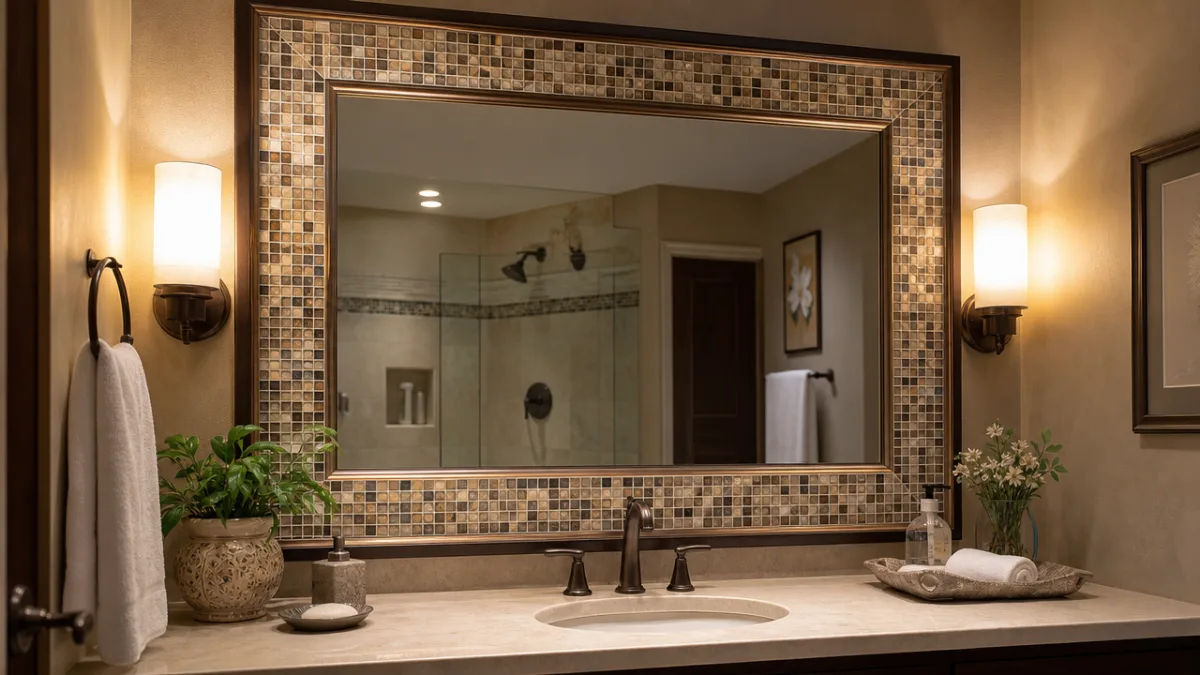 a beautifully framed bathroom mirror with mosaic tile surround, soft vanity lighting…