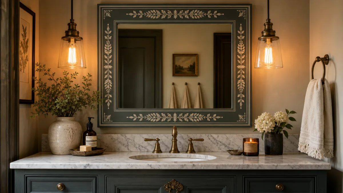 a stylish bathroom vanity with a painted and stenciled mirror frame, warm…