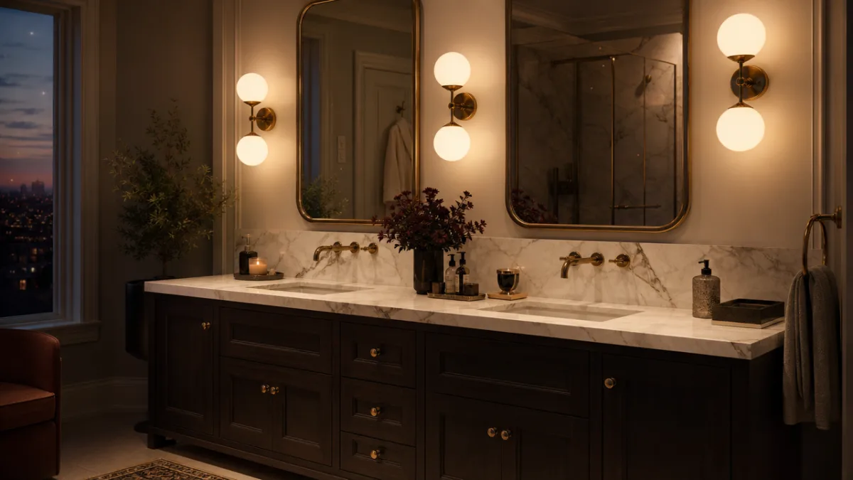 a luxurious bathroom vanity with warm globe lighting, marble countertop, and soft…
