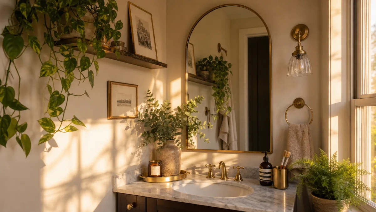 a styled bathroom corner with arched mirror, trailing plants, and golden accessories…