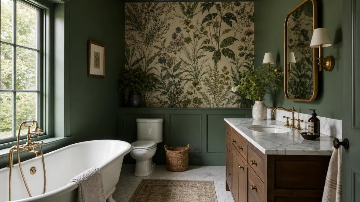 a bathroom with deep green painted walls, botanical wallpaper accent, and soft…