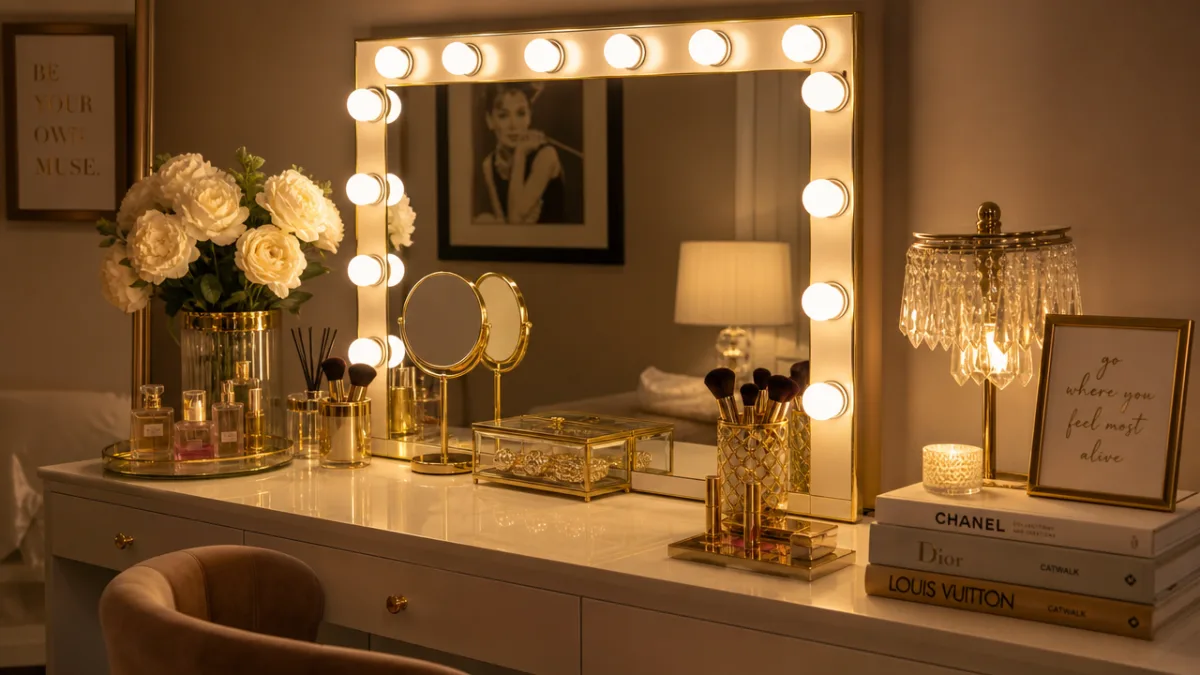 a glamorous vanity setup with Hollywood bulb mirror, warm golden lighting, and…