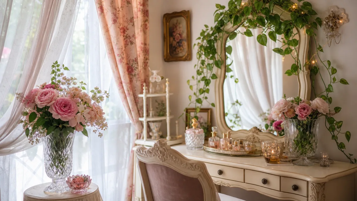 a romantic vanity corner with fresh flowers in crystal vase, trailing plants,…