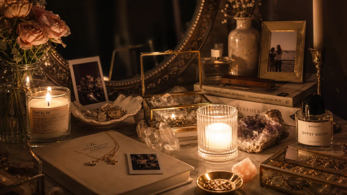 a styled vanity surface with candles, crystals, and personal mementos, soft warm…
