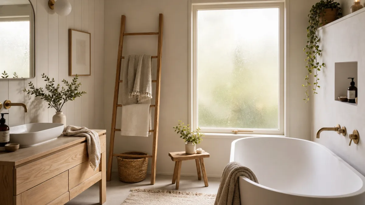 a warm Scandinavian bathroom with wooden ladder towel holder, soft morning light…