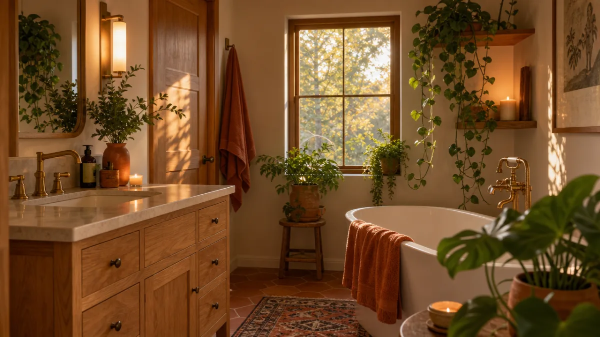a cozy bathroom with warm oak tones, terracotta accents, and lush green…