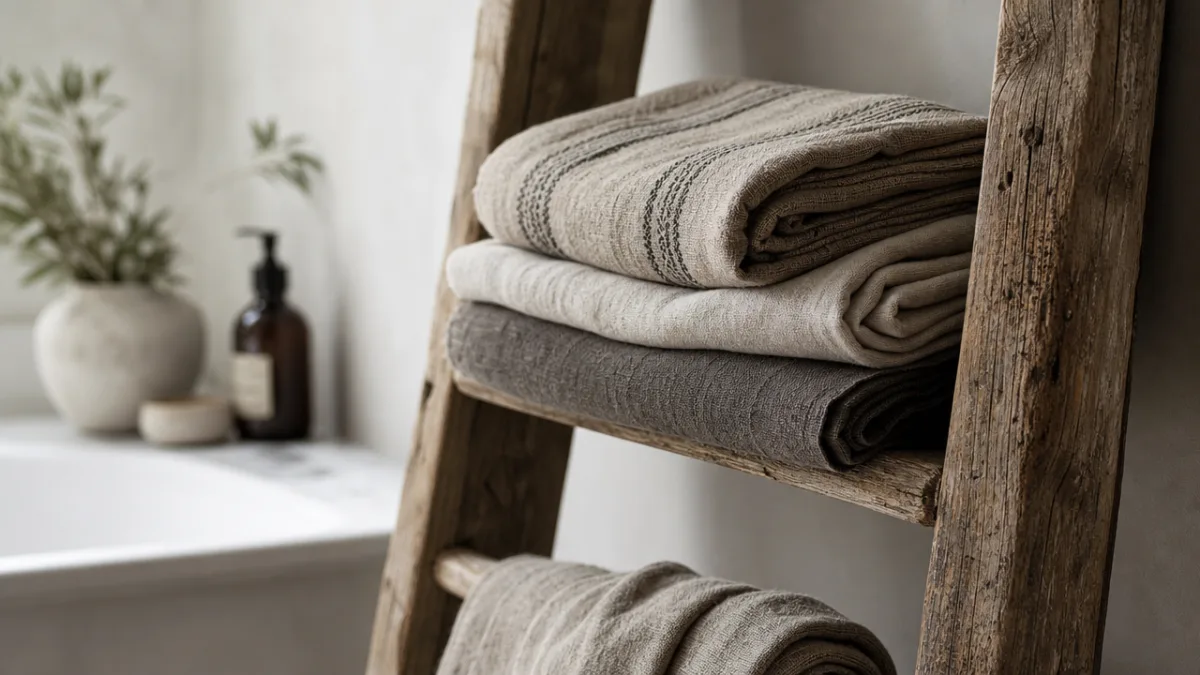 a detail shot of a rustic wooden ladder with folded linen towels,…