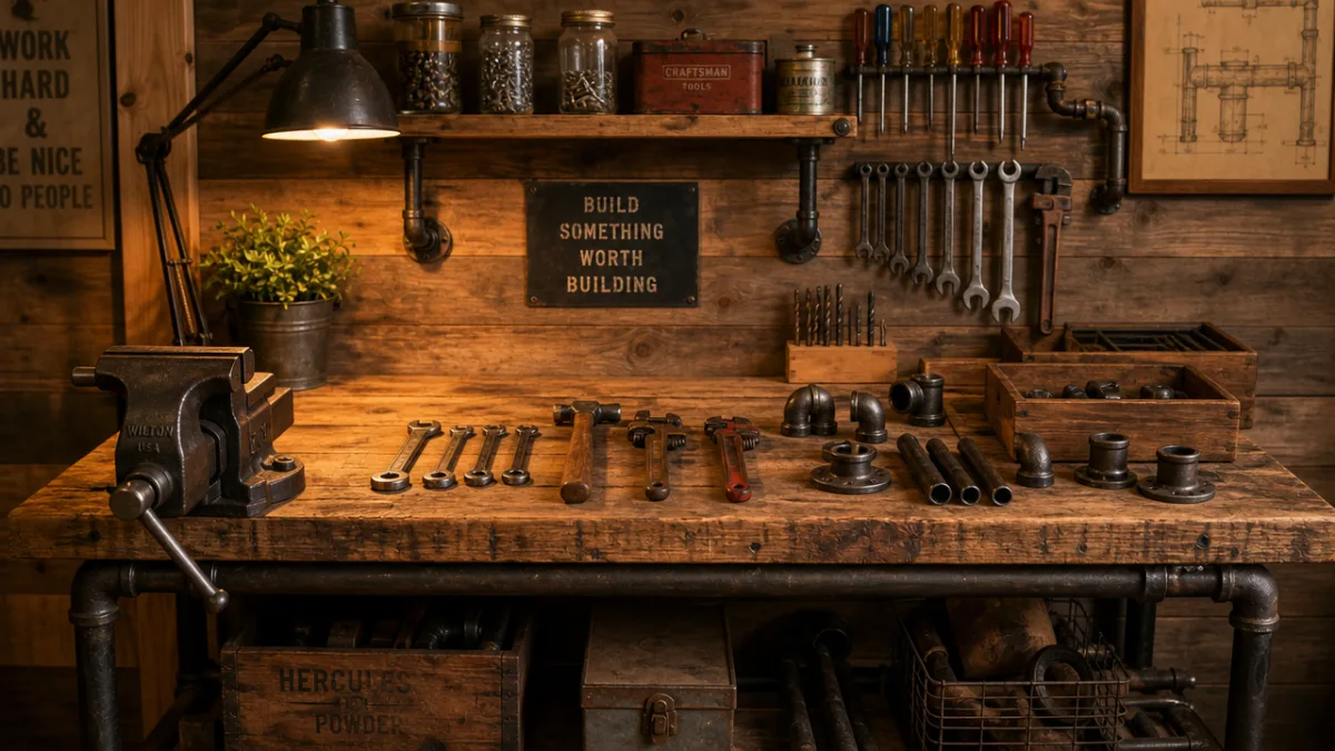 a rustic workshop workbench with iron pipe fittings, wood planks, and tools…