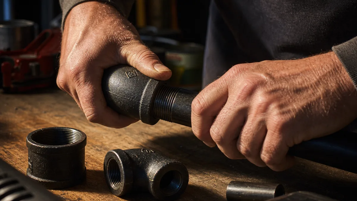 close-up of hands threading black iron pipe fittings together on a wooden…
