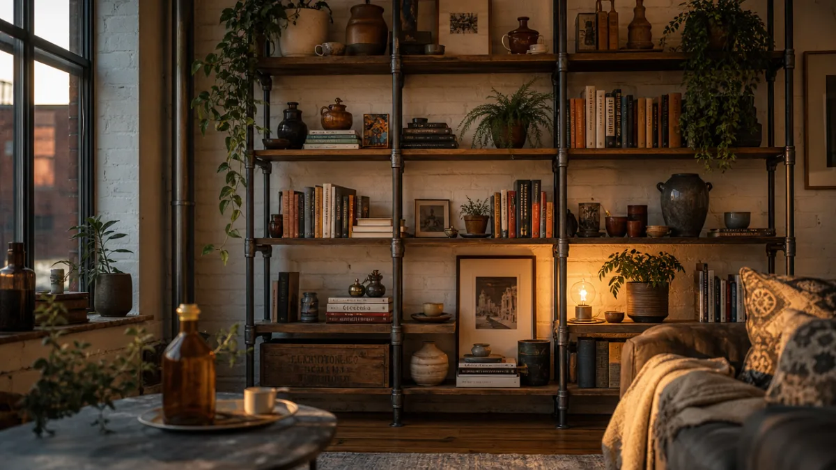 a beautifully styled industrial pipe shelf in a living room with books,…