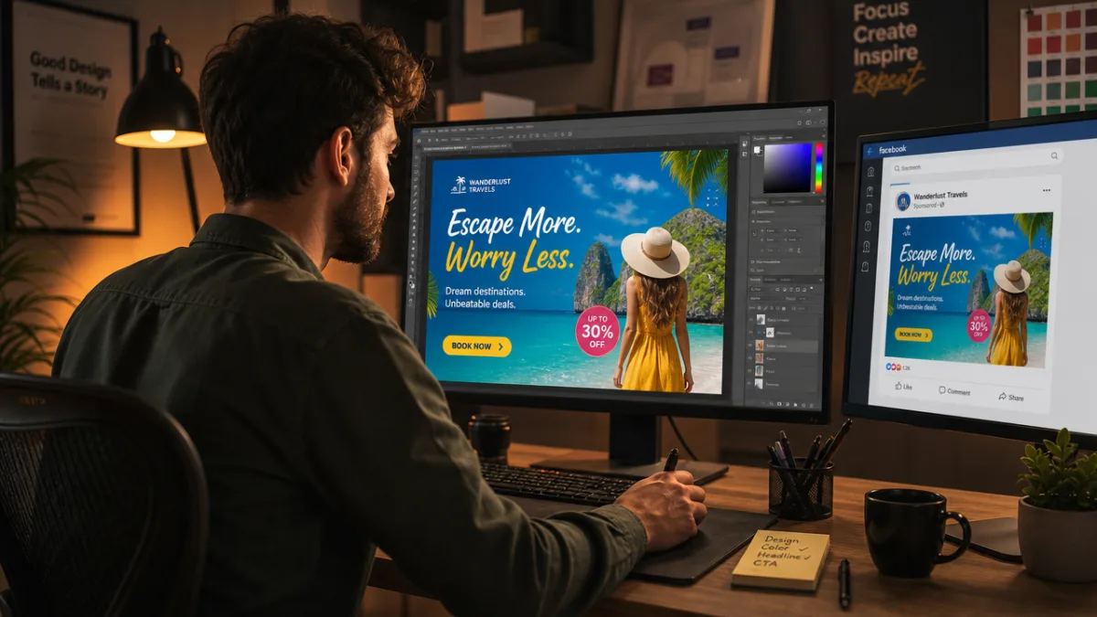 a professional designer working on a vibrant Facebook ad layout, warm studio…
