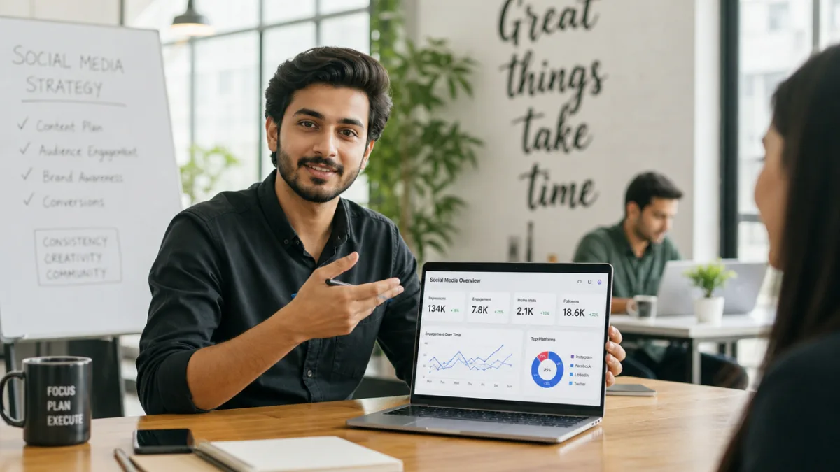 a confident young Pakistani professional presenting social media analytics on a laptop,…