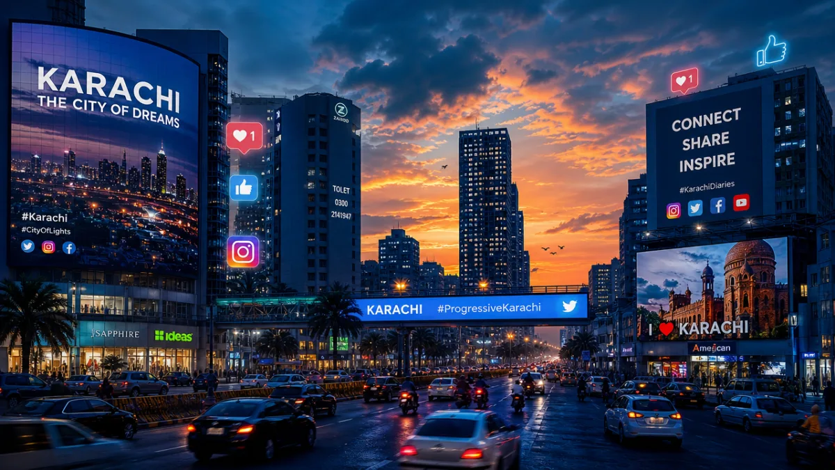 a dynamic Karachi cityscape at dusk with glowing digital billboards and social…