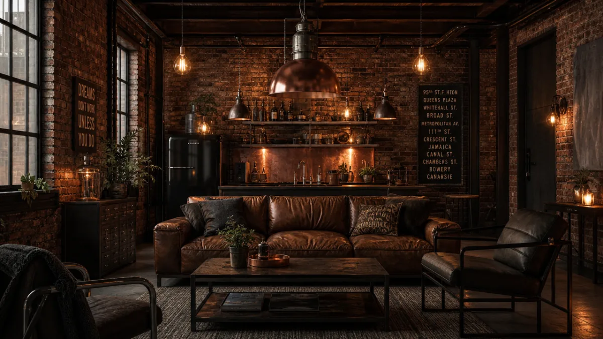 a moody industrial loft interior with exposed brick wall, warm Edison bulb…
