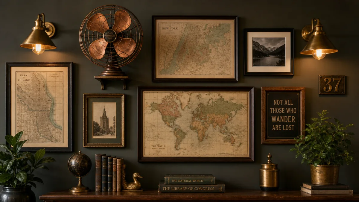 a stylishly arranged gallery wall featuring vintage copper fan, framed maps, and…